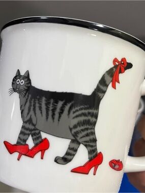 White Cat Mug with Red Accents - Playful Tabby Design